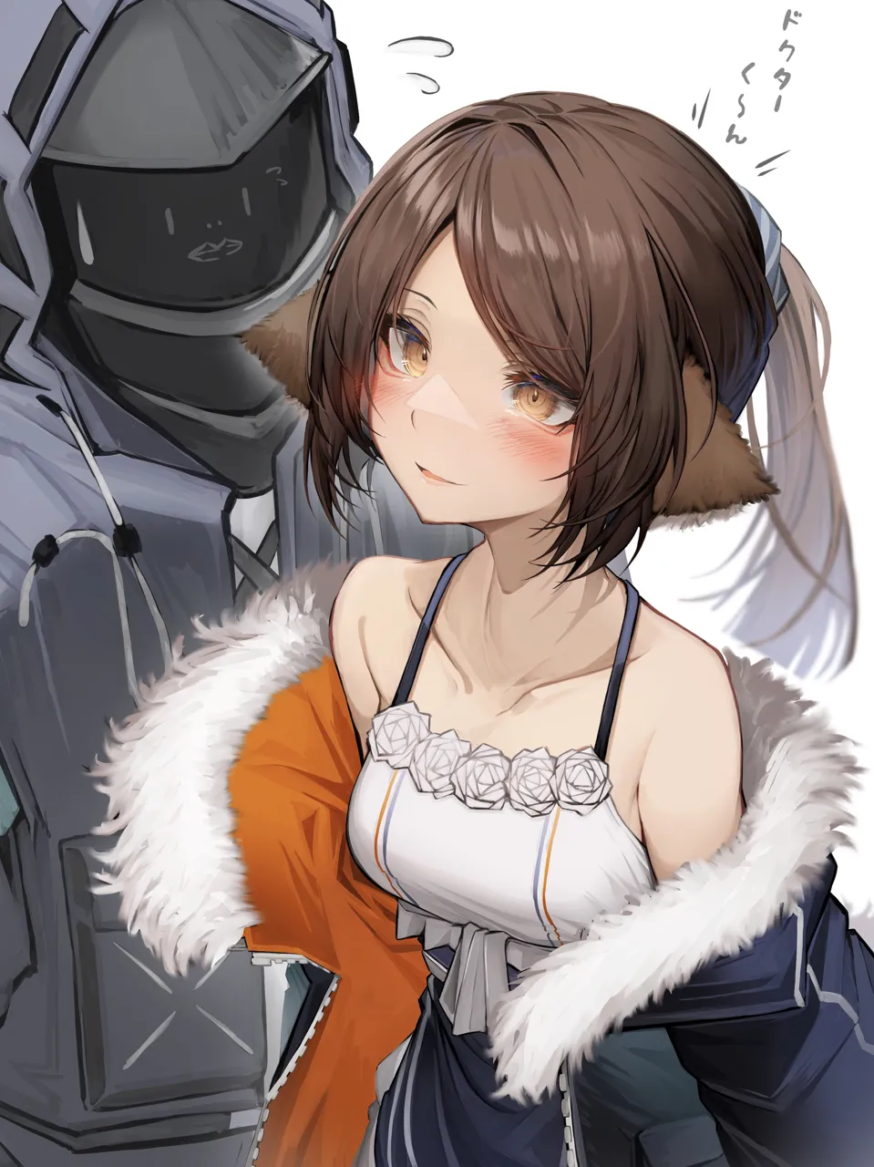 1girl 1other animal_ears blue_jacket blush brown_eyes brown_hair closed_mouth collarbone flying_sweatdrops fur_trimmed_jacket fur_trim jacket light_smile long_sleeves looking_at_another ponytail short_hair simple_background smile sweatdrop white_background tab_head arknights doctor__arknights perfumer__arknights