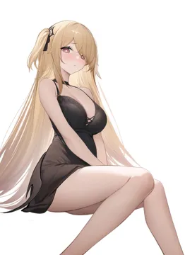 1girl aged_up alternate_costume bare_arms bare_legs bare_shoulders black_dress blonde_hair blush breasts bright_pupils cleavage closed_mouth cross_laced_clothes dress feet_out_of_frame fischl__ein_immernachtstraum__genshin_impact fischl__genshin_impact genshin_impact invisible_chair knees_together_feet_apart large_breasts long_hair looking_at_viewer no_eyepatch red_eyes shibuya__kurokamishain simple_background sitting sleepwear sleeveless sleeveless_dress solo thighs two_side_up very_long_hair white_background white_pupils