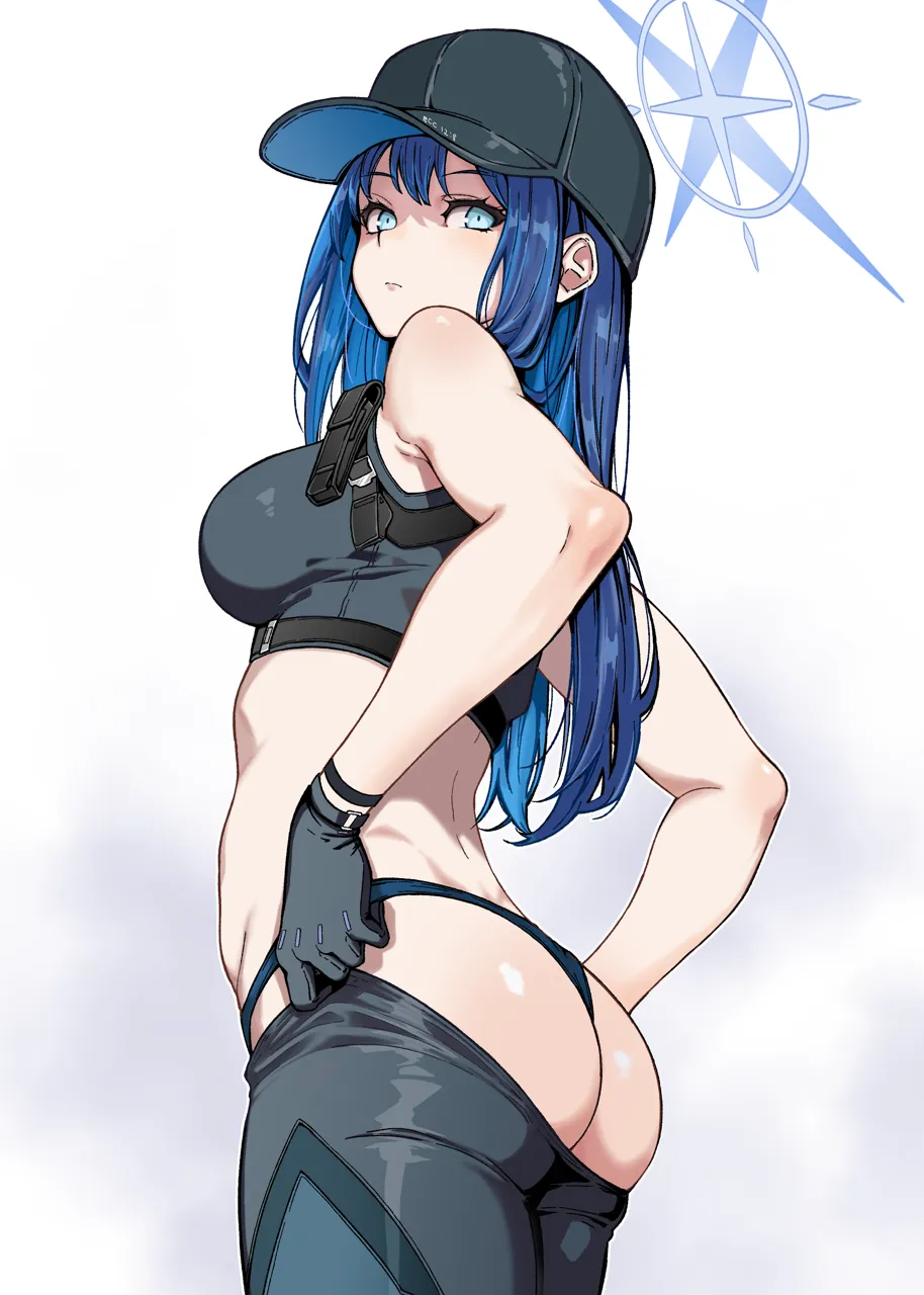 1girl ass bare_shoulders baseball_cap belt black_belt black_hat black_pants blue_archive blue_eyes blue_halo blue_panties breasts chest_harness crop_top gloves halo harness hat large_breasts long_hair looking_at_viewer panties pants parabi saori__blue_archive shirt simple_background sleeveless sleeveless_shirt solo underwear