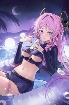 1girl afloat alternate_costume blue_eyes blue_shorts breasts can crescent_moon crop_top drink_can hair_ornament large_breasts long_hair moon navel night night_sky parted_lips pink_hair purple_innertube short_shorts shorts sky solo stomach thighs underboob water zije genshin_impact citlali__genshin_impact