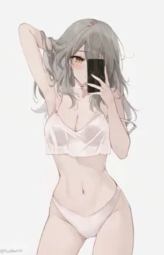 1girl alternate_costume arm_up armpits bare_shoulders breasts camisole cellphone choker cleavage cowboy_shot crop_top feint721 grey_hair hand_up holding holding_phone honkai__series honkai__star_rail long_hair medium_breasts midriff navel panties phone presenting_armpit selfie smartphone solo spaghetti_strap standing stelle__honkai__star_rail stomach strap_slip thighs trailblazer__honkai__star_rail twitter_username underwear white_choker white_panties yellow_eyes