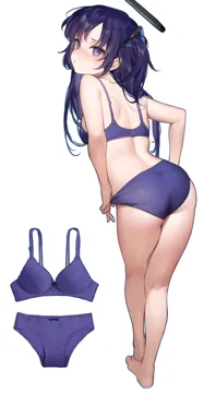 1girl ass back barefoot blue_bra blue_panties blush bra breasts clothes contrapposto from_behind full_body hair_ornament halo leaning_forward long_hair looking_at_viewer looking_back mechanical_halo medium_breasts panties panty_pull pout pulling_own_clothes purple_eyes purple_hair sidelocks simple_background solo two_side_up underwear underwear_only white_background smilesmile1312 blue_archive yuuka__blue_archive