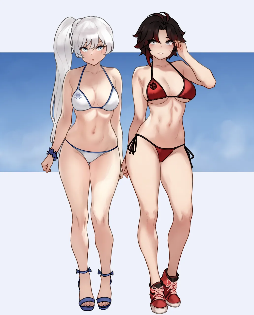 _o 2girls bare_legs bikini blue_footwear bluefield breasts cleavage full_body gradient_hair grey_eyes halterneck hand_up high_heels large_breasts legs medium_breasts multicolored_hair multiple_girls navel parted_lips patreon_username red_bikini red_footwear ruby_rose rwby sandals scar scar_across_eye scar_on_face scrunchie shoes short_hair side_ponytail side_tie_bikini_bottom sneakers standing stomach strappy_heels streaked_hair string_bikini swimsuit thighs toenails toes twitter_username web_address weiss_schnee white_bikini white_hair wrist_scrunchie
