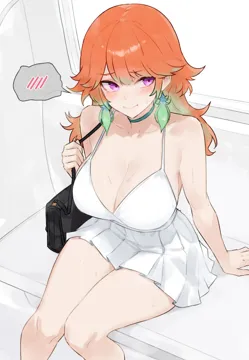 1girl alternate_costume bag bare_arms bluefield blush breasts choker cleavage closed_mouth dress earrings feather_earrings feathers gradient_hair green_choker green_feathers green_hair handbag hololive hololive_english jewelry knees_together_feet_apart large_breasts long_hair looking_at_viewer multicolored_hair orange_hair pleated_dress purple_eyes short_dress sitting sleeveless sleeveless_dress solo spaghetti_strap spoken_blush sweat takanashi_kiara train_interior virtual_youtuber white_dress