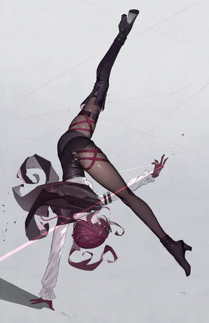 1girl arm_belt ass black_boots black_jacket black_pantyhose boots eyewear_on_head from_side gloves grey_background handstand high_waist_shorts high_heels jacket legs_apart one_arm_handstand outstretched_legs pantyhose pantyhose_under_shorts pince_nez purple_gloves purple_hair round_eyewear shirt shorts simple_background single_thigh_boot solo thigh_boots thread upside_down white_shirt hidulume honkai__star_rail honkai__series kafka__honkai__star_rail