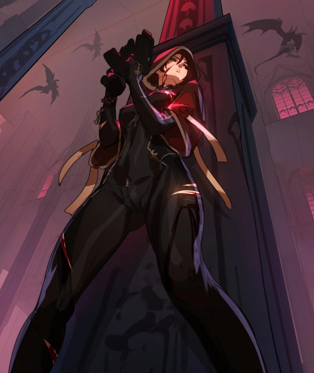 1girl black_bodysuit blood blood_on_face bodysuit bolter breasts crotch_zipper cuts dual_wielding from_below hiding holding hood hood_up indoors injury legs_apart looking_away medium_breasts pillar rosary sketch solo torn_bodysuit torn_clothes weapon zipper tarakanovich warhammer_40k adepta_sororitas