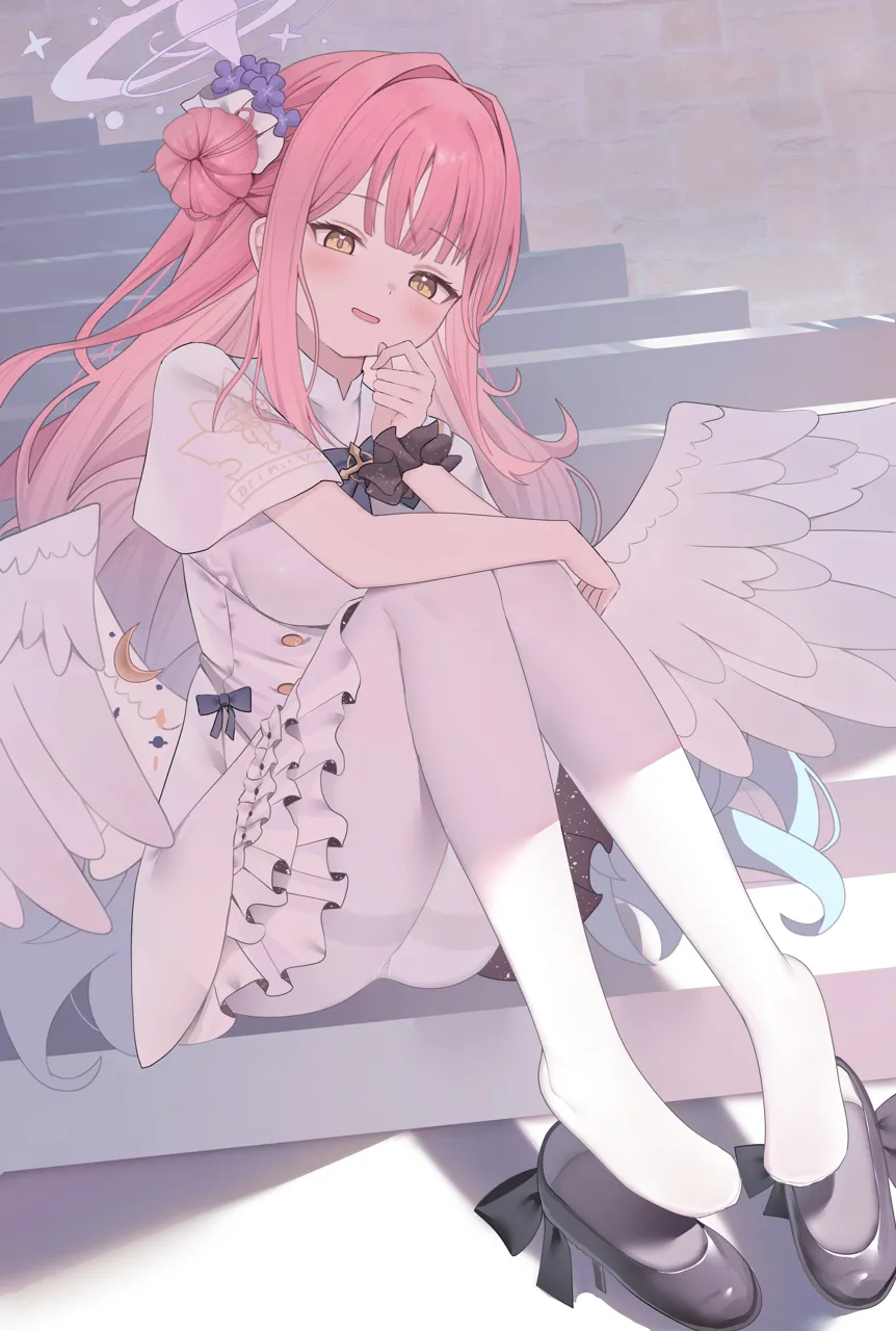 1girl angel_wings ass black_shoes blush capelet dress feathered_wings flower hair_bun hair_flower hair_ornament halo knees_up legs long_hair looking_at_viewer no_shoes open_mouth pantyhose pink_hair pink_halo purple_flower shoes single_side_bun smile solo white_capelet white_dress white_pantyhose white_wings wings yellow_eyes koba__kobako42 blue_archive mika__blue_archive