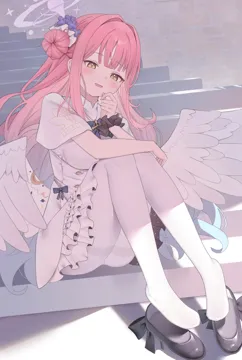 1girl angel_wings ass black_shoes blush capelet dress feathered_wings flower hair_bun hair_flower hair_ornament halo knees_up legs long_hair looking_at_viewer no_shoes open_mouth pantyhose pink_hair pink_halo purple_flower shoes single_side_bun smile solo white_capelet white_dress white_pantyhose white_wings wings yellow_eyes koba__kobako42 blue_archive mika__blue_archive