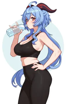 1girl ahoge alternate_costume black_pants black_sports_bra blue_hair bottle breasts cleavage crop_top drinking ganyu__genshin_impact genshin_impact goat_horns hair_between_eyes hand_on_own_hip holding holding_bottle horns large_breasts long_hair looking_at_viewer moursho pants plastic_bottle red_eyes simple_background solo sports_bra sweat very_long_hair water_bottle white_background yoga_pants