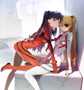 2girls black_hair blue_eyes bodysuit breasts brown_hair closed_mouth cosplay covered_navel crossover earrings eyepatch foot_out_of_frame hairpods hairstyle_connection hand_on_another_s_shoulder jewelry leaning_forward long_hair look_alike mecha_pilot_suit multiple_girls on_one_knee plugsuit__evangelion red_bodysuit sitting small_breasts souryuu_asuka_langley__cosplay tight_clothes trait_connection twitter_username two_side_up white_bodysuit yuri siino evangelion__3_0_1_0_thrice_upon_a_time fate_stay_night fate__series neon_genesis_evangelion rebuild_of_evangelion souryuu_asuka_langley tohsaka_rin