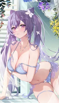 1girl arm_under_breasts berry bikini blue_bikini blue_flower bracelet breasts cleavage cone_hair_bun curtains double_bun flower frilled_bikini frills genshin_impact hair_bun hair_flower hair_ornament herb_bundle houkisei indoors jewelry keqing__genshin_impact large_breasts leaning_to_the_side long_hair navel necklace parted_lips purple_eyes purple_flower purple_hair sitting skindentation solo stomach strap_slip swimsuit thigh_gap thigh_strap thighs twintails very_long_hair white_flower window yellow_flower
