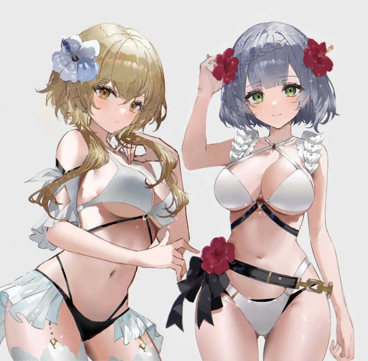 2girls alternate_breast_size alternate_costume arm_at_side ass_visible_through_thighs bare_arms bare_shoulders belt bikini bikini_skirt black_belt black_bikini black_bow blonde_hair blush bow braid breasts cleavage closed_mouth cowboy_shot criss_cross_halter crown_braid expressionless flower frilled_skirt frilled_sleeves frills garter_straps genshin_impact green_eyes grey_background grey_hair hair_between_eyes hair_flower hair_ornament halterneck hand_in_own_hair hand_on_own_chest hibiscus highleg highleg_bikini large_breasts looking_at_viewer lumine__genshin_impact multi_strapped_bikini multiple_girls navel noelle__genshin_impact raiya_atelier red_flower short_hair short_hair_with_long_locks short_sleeves shrug__clothing simple_background skirt smile stomach swimsuit thighhighs white_bikini white_flower white_thighhighs yellow_eyes