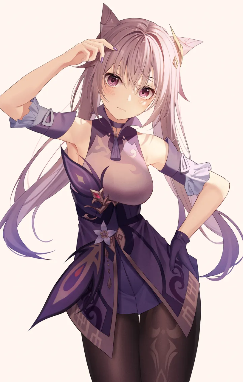 1girl arm_up armpits bare_shoulders breasts brown_pantyhose choker cone_hair_bun cowboy_shot detached_sleeves dress frown hair_bun hair_ears hair_ornament hand_on_own_hip long_hair looking_at_viewer medium_breasts nail_polish pantyhose purple_dress purple_eyes purple_hair purple_nails short_dress simple_background solo standing thigh_gap twintails white_background niji__rudduf232 genshin_impact keqing__genshin_impact