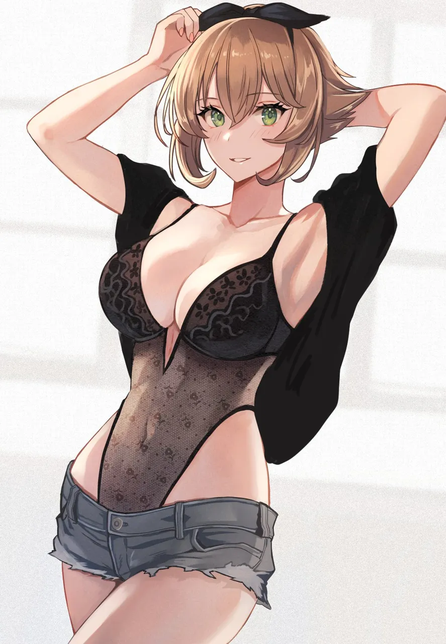 1girl alternate_costume arm_behind_head black_ribbon blush breasts brown_hair cleavage collarbone covered_navel cowboy_shot denim denim_shorts green_eyes hair_between_eyes hair_ribbon highleg kantai_collection kasumi__skchkko large_breasts lingerie looking_at_viewer mutsu__kancolle open_mouth ribbon short_hair short_shorts shorts smile solo teddy__lingerie underwear