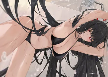 1girl alternate_costume armpits bathroom bent_over bikini black_bikini black_hair blue_archive blunt_bangs blush breasts collarbone dema_hmw floating_hair hair_spread_out halo large_breasts long_hair looking_at_viewer navel parted_lips red_eyes rio__blue_archive shower__place shower_head showering sideboob solo stomach swimsuit very_long_hair water_drop wet wet_hair