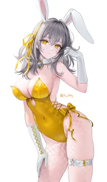 1girl alternate_costume animal_ears bell belt bow breasts covered_navel cowboy_shot cross_laced_clothes cross_laced_gloves cross_laced_leotard cutout_above_navel detached_collar diamond_cutout elbow_gloves fake_animal_ears fishnet_pantyhose fishnets gloves grey_hair hair_ribbon hand_on_own_face hand_on_own_thigh highleg highleg_leotard honkai__series honkai__star_rail jingle_bell lace_up large_breasts leotard looking_at_viewer neck_bell pantyhose playboy_bunny rabbit_ears ribbon rity side_tie_leotard sideboob sideless_outfit simple_background solo star_o_ring stelle__honkai__star_rail thigh_belt thigh_strap thighs trailblazer__honkai__star_rail white_background white_gloves yellow_eyes yellow_leotard