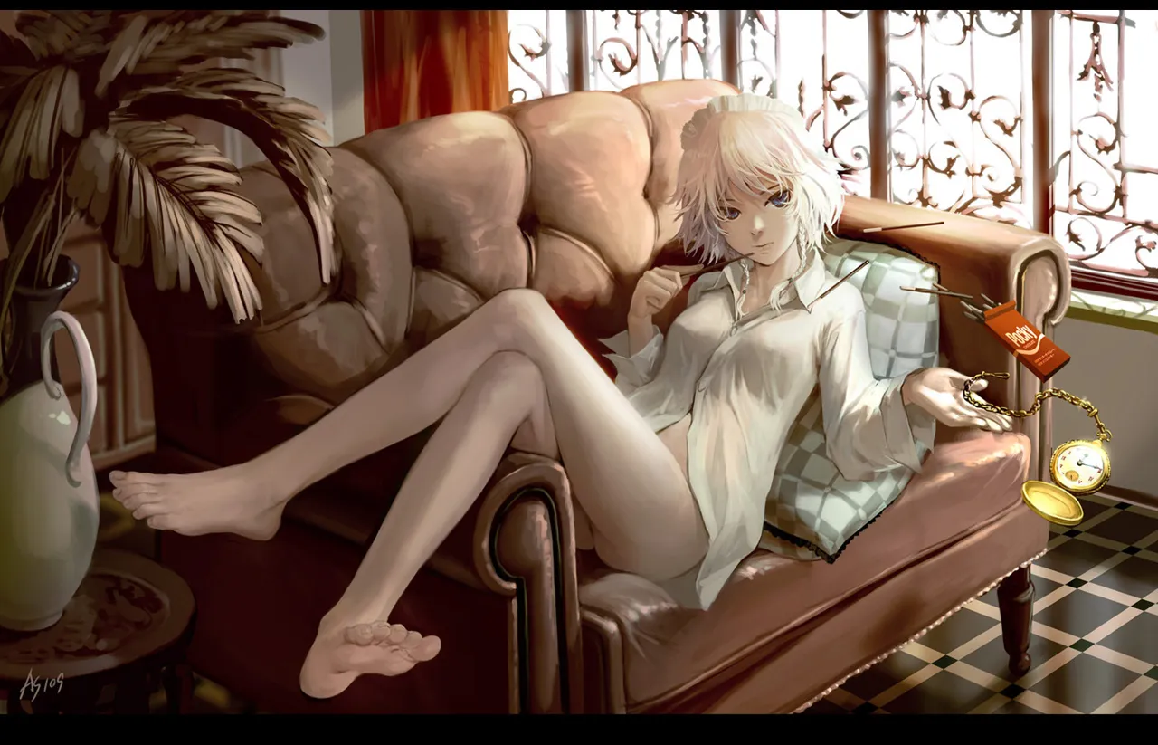 1girl barefoot blue_eyes bottomless braid breasts couch covered_nipples crossed_legs dress_shirt feet food grey_hair indoors legs lips long_legs lying maid_headdress mundane_utility partially_visible_vulva pillow plant pocky shirt short_hair signature sitting small_breasts solo time_stop twin_braids vase watch wristwatch as109 touhou izayoi_sakuya