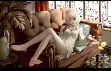 1girl barefoot blue_eyes bottomless braid breasts couch covered_nipples crossed_legs dress_shirt feet food grey_hair indoors legs lips long_legs lying maid_headdress mundane_utility partially_visible_vulva pillow plant pocky shirt short_hair signature sitting small_breasts solo time_stop twin_braids vase watch wristwatch as109 touhou izayoi_sakuya