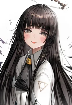 1girl ascot black_ascot black_eyes black_hair black_halo black_wings blush bright_pupils energy_wings halo looking_at_viewer mole mole_under_eye shirt simple_background solo straight_hair tongue tongue_out white_background white_pupils white_shirt wings tab_head arknights virtuosa__arknights
