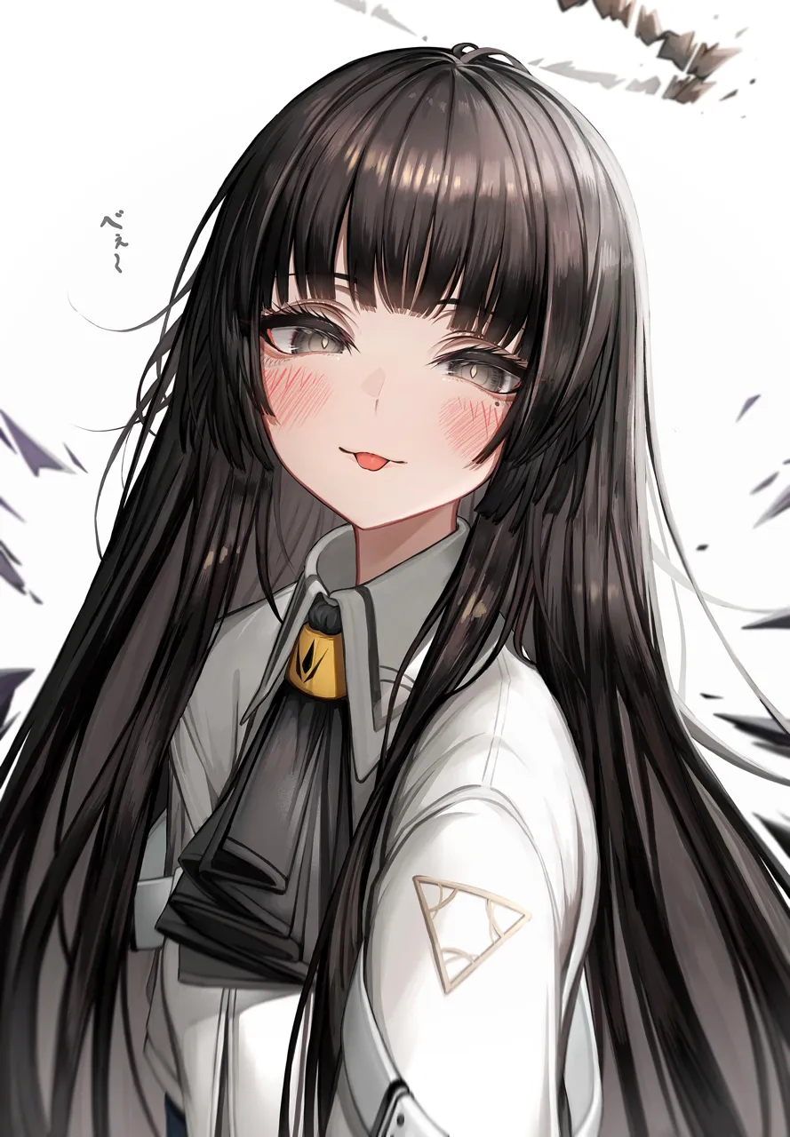1girl ascot black_ascot black_eyes black_hair black_halo black_wings blush bright_pupils energy_wings halo looking_at_viewer mole mole_under_eye shirt simple_background solo straight_hair tongue tongue_out white_background white_pupils white_shirt wings tab_head arknights virtuosa__arknights