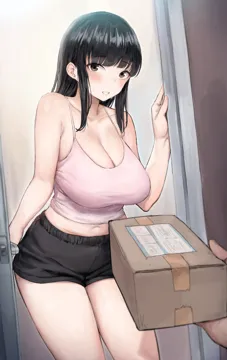 1boy 1girl bare_arms bare_shoulders black_hair black_shorts blunt_bangs breasts brown_eyes camisole cleavage collarbone cowboy_shot delivery doorway feet_out_of_frame large_breasts lips long_hair looking_at_viewer mochirong navel open_door opening_door package parted_lips pov short_shorts shorts sleeveless solo_focus standing sweat teeth