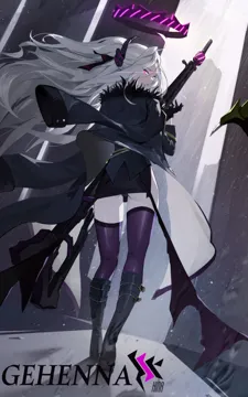 1girl ass black_boots black_gloves black_skirt blue_jacket boots city demon_horns demon_wings dutch_angle english_text from_behind from_below full_body fur_trimmed_jacket fur_trim gloves glowing glowing_eyes grey_hair gun hair_between_eyes hair_ribbon halo horns jacket jacket_on_shoulders long_hair looking_at_viewer low_wings machine_gun messy_hair mg42 miniskirt narrowed_eyes pale_skin pencil_skirt purple_eyes purple_thighhighs ribbon skirt slit_pupils solo thigh_gap thighhighs underbutt very_long_hair walking weapon wings midfinger blue_archive hina__blue_archive