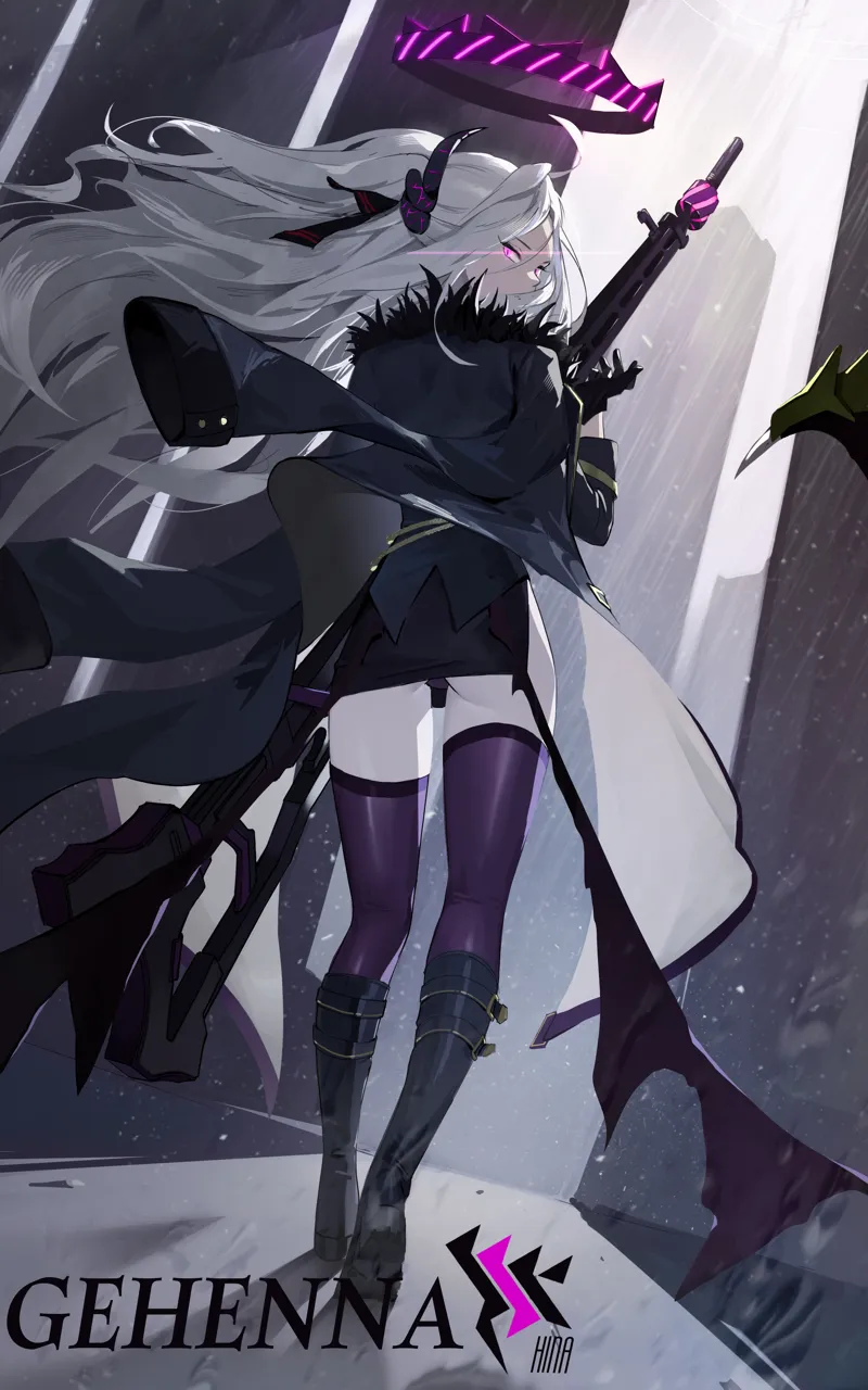 1girl ass black_boots black_gloves black_skirt blue_jacket boots city demon_horns demon_wings dutch_angle english_text from_behind from_below full_body fur_trimmed_jacket fur_trim gloves glowing glowing_eyes grey_hair gun hair_between_eyes hair_ribbon halo horns jacket jacket_on_shoulders long_hair looking_at_viewer low_wings machine_gun messy_hair mg42 miniskirt narrowed_eyes pale_skin pencil_skirt purple_eyes purple_thighhighs ribbon skirt slit_pupils solo thigh_gap thighhighs underbutt very_long_hair walking weapon wings midfinger blue_archive hina__blue_archive