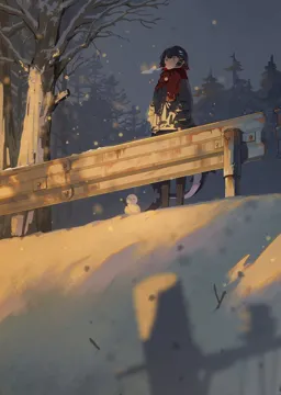 1girl black_hair black_pantyhose breath coat fins fish_tail grey_coat grey_sky hands_in_pockets outdoors pantyhose red_scarf scarf shark_girl shark_tail sky snowing snowman solo tail tree winter_clothes winter_coat midfinger zenless_zone_zero ellen_joe__zenless_zone_zero