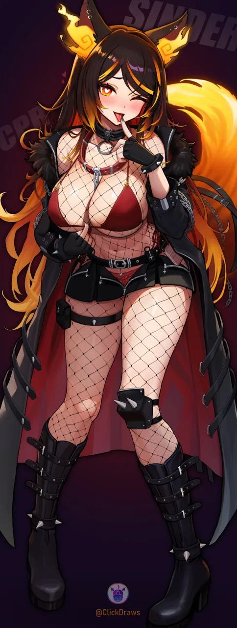 _p 1girl akuma_nihmune akuma_nihmune__cosplay animal_ears bare_shoulders belt bikini black_boots black_choker black_coat black_gloves black_hair black_nails black_skirt blonde_hair bodystocking boots breasts chain choker cleavage clickdraws coat collar cosplay curvy finger_to_mouth fingerless_gloves fishnet_bodystocking fishnet_pantyhose fishnets full_body fur_trim gloves gradient_hair halterneck hand_up heart heart_shaped_pupils indie_virtual_youtuber knee_boots knee_pads large_breasts long_hair long_sleeves looking_at_viewer microskirt multicolored_hair nail_polish naughty_face navel off_shoulder one_eye_closed open_clothes open_coat open_mouth orange_eyes pantyhose red_bikini side_tie_bikini_bottom side_tie_peek sinder__vtuber single_knee_pad skindentation skirt smile solo standing stomach streaked_hair string_bikini swimsuit symbol_shaped_pupils tail thigh_strap thighs tongue tongue_out two_tone_hair unzipped very_long_hair virtual_youtuber wolf_ears wolf_girl wolf_tail zipper