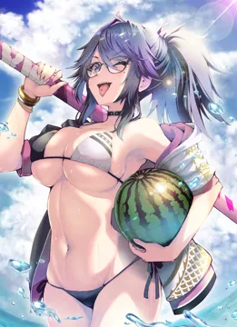 1girl bikini black_hair blue_eyes bokken bracelet breasts choker cleavage cloud cloudy_sky cowboy_shot day fang food fruit gold_bracelet holding holding_food holding_fruit holding_watermelon holding_weapon indie_virtual_youtuber jacket jewelry kson kubota_masaki large_breasts lens_flare mole mole_under_eye navel off_shoulder one_eye_closed open_mouth outdoors piercing ponytail sideboob sidelocks skindentation sky solo splashing stomach studded_choker sunlight swimsuit sword teeth tongue tongue_out tongue_piercing v_shaped_eyebrows virtual_youtuber water water_drop watermelon weapon wet wet_clothes wet_swimsuit wooden_sword