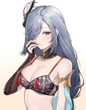 1girl bare_shoulders beida53878791 black_bra black_gloves blue_eyes blush bra breasts cleavage eyelashes fingerless_gloves genshin_impact gloves grey_hair hair_ornament hair_over_one_eye half_closed_eyes lingerie long_hair medium_breasts parted_lips shenhe__genshin_impact solo underwear upper_body